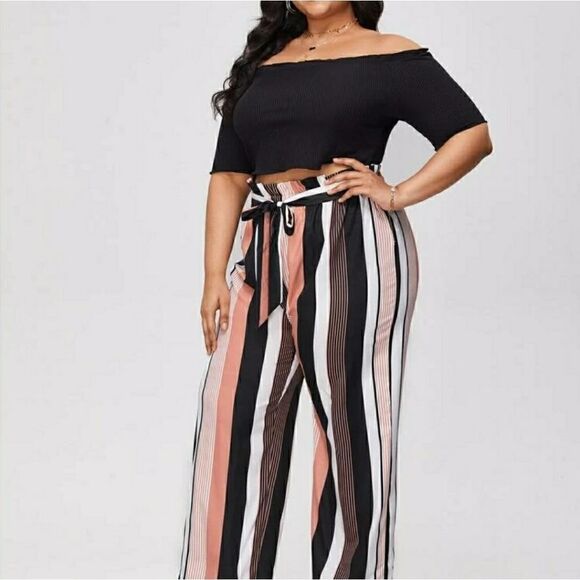 Plus Rib Tee & Striped Straight Pants - Picture 4 of 8